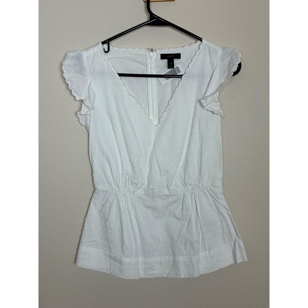 J. Crew White Swiss Dot Scalloped Flutter Sleeve Peplum Top J2906 Womens Size 00